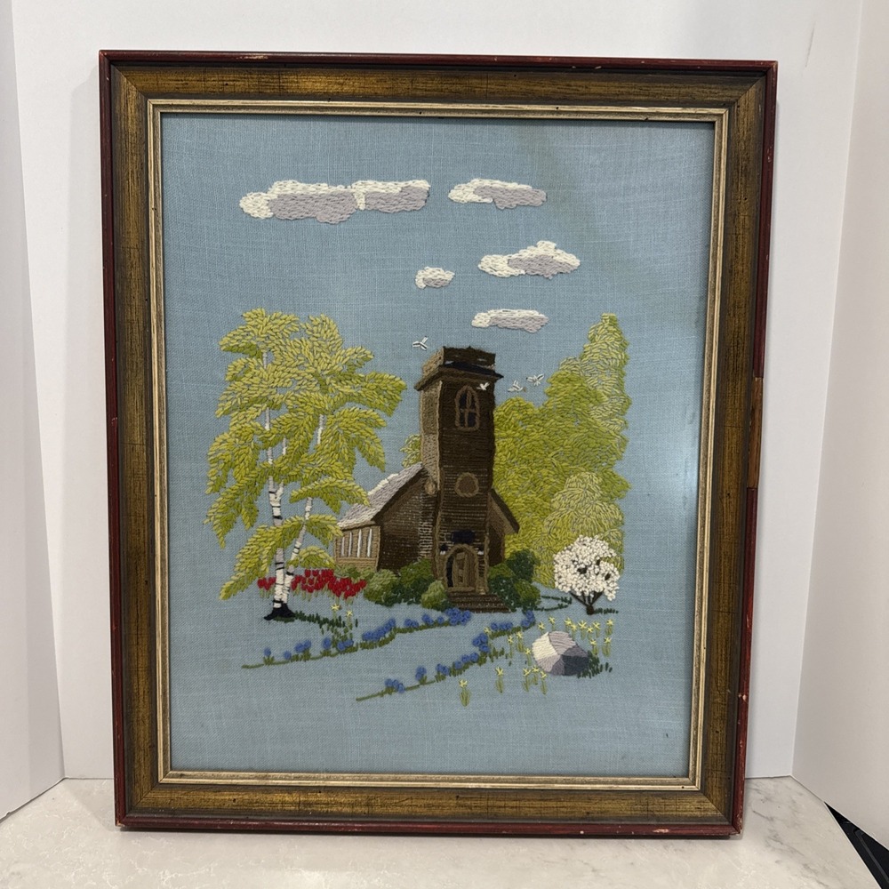 Vintage Crewel Embroidery Country Church Framed Needlework Wall Art 17x21